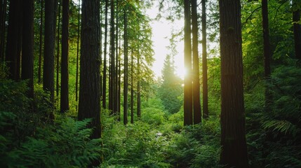 Fototapeta premium Serene Forest Pathway with Sunlight Streaming Through Trees