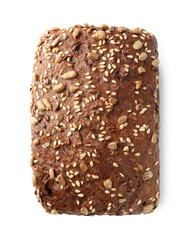 One freshly baked bread with seeds isolated on white, top view