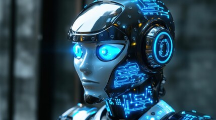 Fototapeta premium Futuristic robot head glows bright blue.
