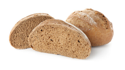 Whole and halves of bread isolated on white