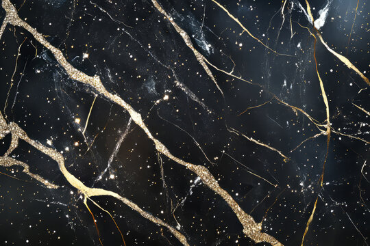 A stunning abstract background that merges black marble with bold gold veins, accentuated by tiny sparkling diamonds and shimmering glitter, exuding a sense of grandeur and luxury.
