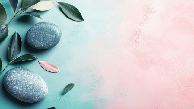 A serene composition featuring smooth stones and delicate leaves against a soothing pastel background, evoking relaxation and harmony in nature.