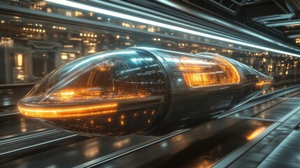 Fototapeta premium Futuristic vehicle glides through glowing city tunnel