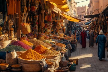 Obraz premium Marketplace stalls overflowing with colorful spices and herbs
