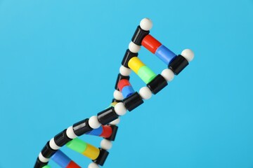 DNA structure model on light blue background, closeup