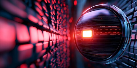 Cryptocurrency tokens secure concept. Futuristic red-lit spherical device against a digital background.