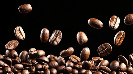 Fototapeta premium Happy morning with delicious coffee. Coffee beans falling against a black background.