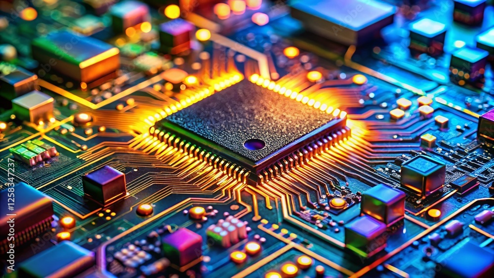 Poster abstract close-up of electronic circuit board with microchip components