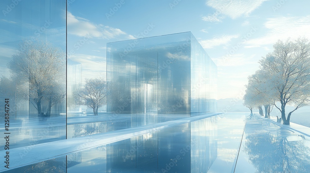 Sticker Tranquil glass pavilion reflects serene winter landscape