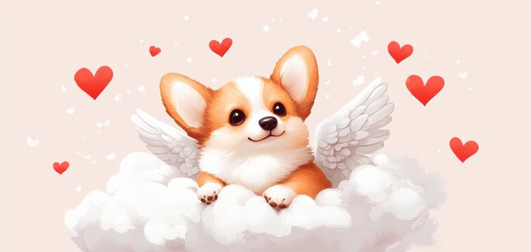 A chubby baby corgi wearing tiny angel wings, sitting on a fluffy white cloud with heart-shaped sparkles floating around