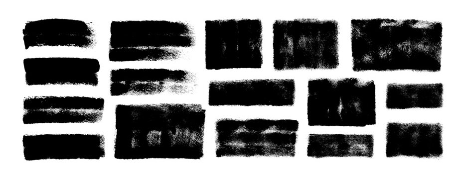 Hand drawn grunge brush strokes, rectangles and squares shapes. Abstract texture frames for text and highlight. Hand drawn thick grunge brush strokes. Vector black paint geometric shapes.