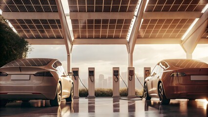 Solar powered electric cars charging at a futurist