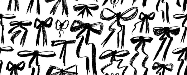 Seamless banner design with grunge chalk bow knots and ribbons. Crayon drawn naive wrapping paper for birthday or holiday. Vector girly punk seamless pattern. Hand drawn ink illustration.