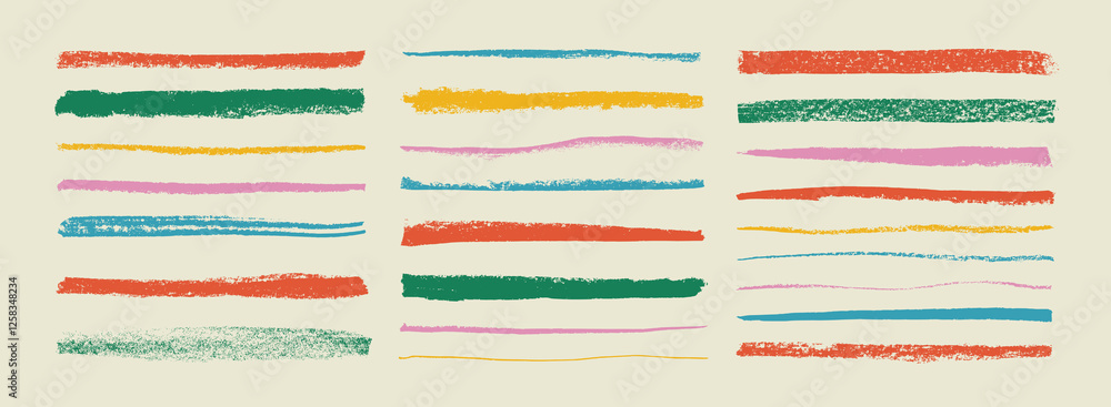 Poster multi colored crayon drawn underlines and straight strokes. hand drawn doodle vector elements. retro