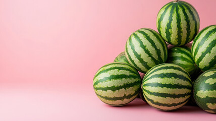 Stack of watermelons on a pink background.