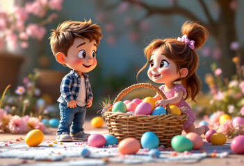Cheerful children on an easter egg hunt in a vibrant spring garden setting. Easter invitation, greeting card, egg hunt children's party banner, advertising materials