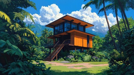 Modern Tropical House Surrounded by Lush Greenery and Palm Trees