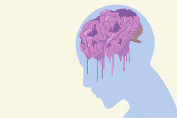 Brain melting in human head. Brain  rot concept illustration. Deterioration mental, loss concentration, OCD, or low intellectual from addict and overconsumption of short content on internet.
