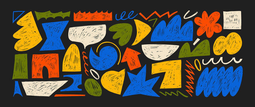 Naklejki Funky abstract geometric shapes and figures drawn by colored crayon. Hand drawn doodle contemporary shapes and curvy lines with chalk texture. Childish colorful retro badges and stickers.