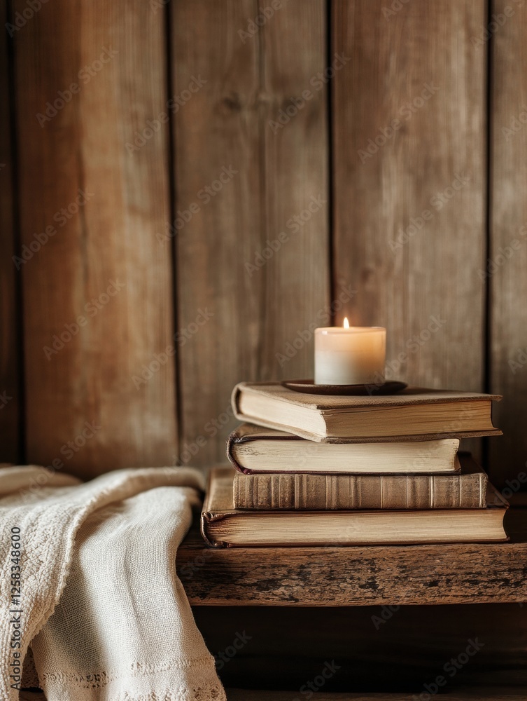 Aufkleber Rustic wooden shelf displaying a stack of books and a candle creating a cozy reading atmosphere. Generative AI