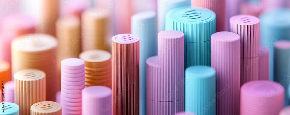 Poster a vibrant arrangement of colorful cylindrical objects in varying heights, creating a playful and art