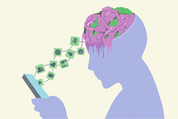 Human with brain rot in head seeing low quality content from smartphone screen. Concept illustration about deterioration of a person's mental, loss concentration, OCD, or intellectual state result of 