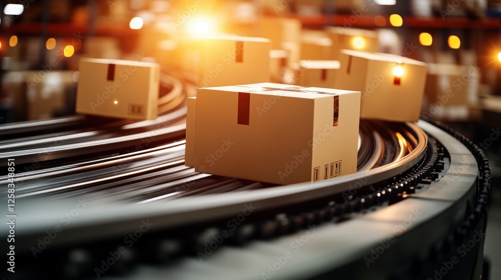 Aufkleber multiple cardboard boxes on a conveyor belt in a factory setting ready for packaging and distributio