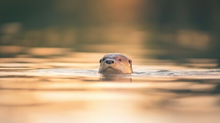 Animal Head Emerging From Water Golden Light in Nature Reserve. Portrait of a Mammal. Serene Image o