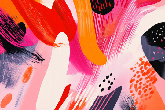 A striking abstract background with a mix of bright red, neon pink, and vibrant orange. Bold patterns, energetic brush strokes, and high contrast evoke power and creativity.