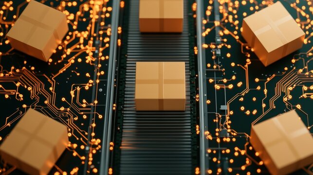 Closeup of a computer chip with cardboard boxes stacked on top in a seamless arrangement