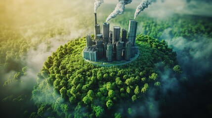 Industrial complex amidst lush forest, emitting smoke.