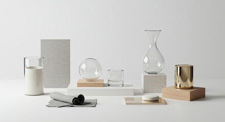 A minimalist display of amber glass bottles, evoking a calming spa-like aesthetic, with geometric shapes and a neutral color palette