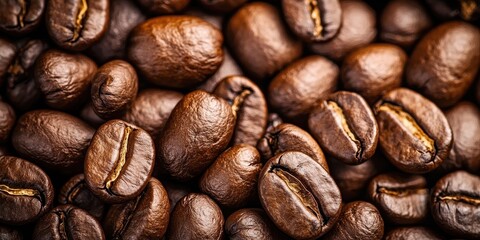 Naklejka premium Happy morning with delicious coffee. Richly roasted coffee beans in a close-up view.