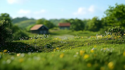 Rural Landscape With Cottages In Springtime