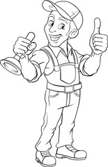 A plumber handyman plumbing construction cartoon mascot man holding a drain plunger tool.