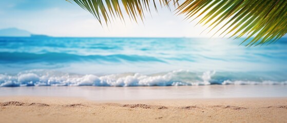 Fototapeta premium Tranquil Seascape of Sandy Beach, Azure Waves, and Palm Fronds