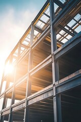 Fototapeta premium Steel Framework Glimmering Under Sunlight at Construction Site with Clear Sky Above