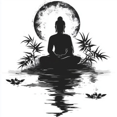 silhouette of a buddhist man meditating on a small piece of land sorrounded by water.