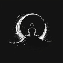 silhouette of a buddhist man meditating at a mountaintop with the moon in the background
