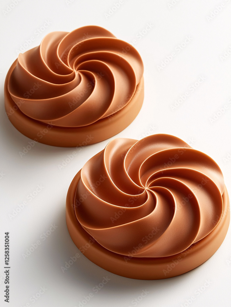 Poster Two round, caramel-colored desserts with a swirling, sculpted pattern on top, sitting on a plain white surface.