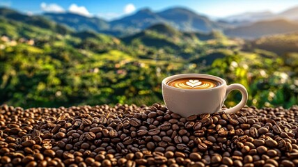 Happy morning with delicious coffee. Coffee cup surrounded by beans with a scenic mountainous backdrop.