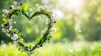 A detailed close-up of a heart-shaped wreath embellished with delicate blooms and a variety of greens, presented against a bright, airy background to capture the essence of spring,