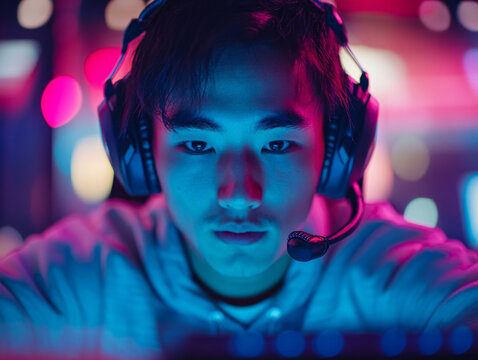 Asian Male Esports Professional Focused on Competitive Gaming During a Vibrant Evening Event in a Dynamic Urban Setting