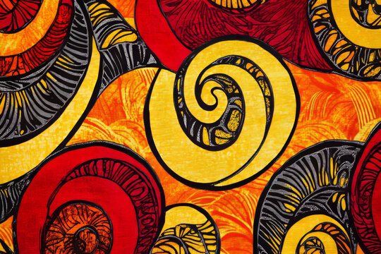 Bright Kenyan Kitenge fabric, bold swirling red, orange, and yellow patterns in a wax-dyed cotton weave.