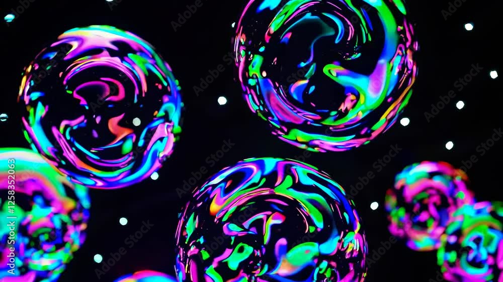 Poster colorful bubble display with neon patterns floating in dark space during evening event