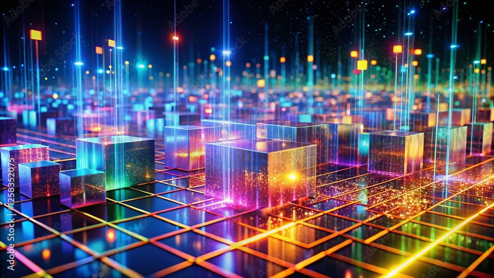 Aufkleber abstract digital landscape: glowing cube particle grid, long exposure data stream