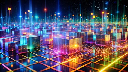 Obraz premium Abstract Digital Landscape: Glowing Cube Particle Grid, Long Exposure Data Stream