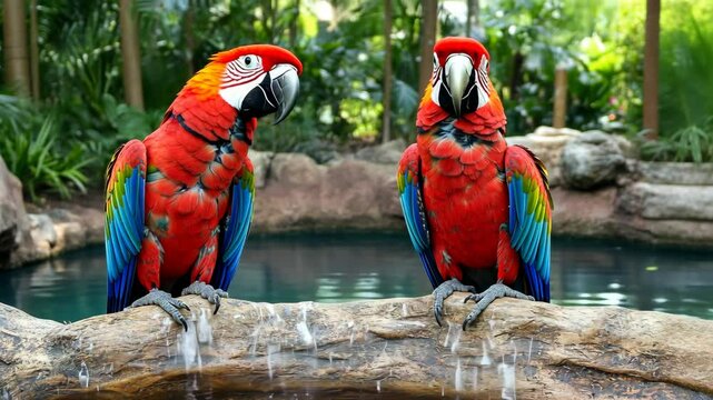 Two vibrant macaws perched at the edge of a tranquil pond in a lush tropical setting