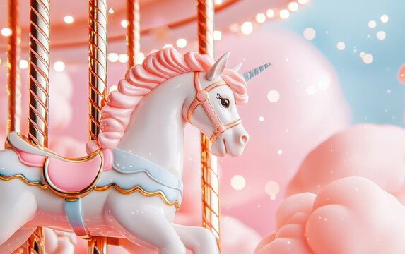 A dreamy pink carousel with pastel-colored horses, gently spinning under a soft sunset sky filled with floating sparkles