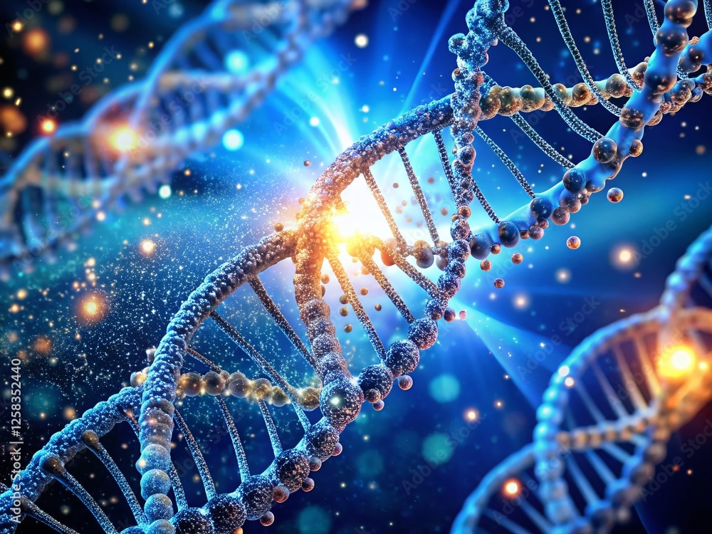 Poster abstract dna structure: blue particle rendering of genetic code